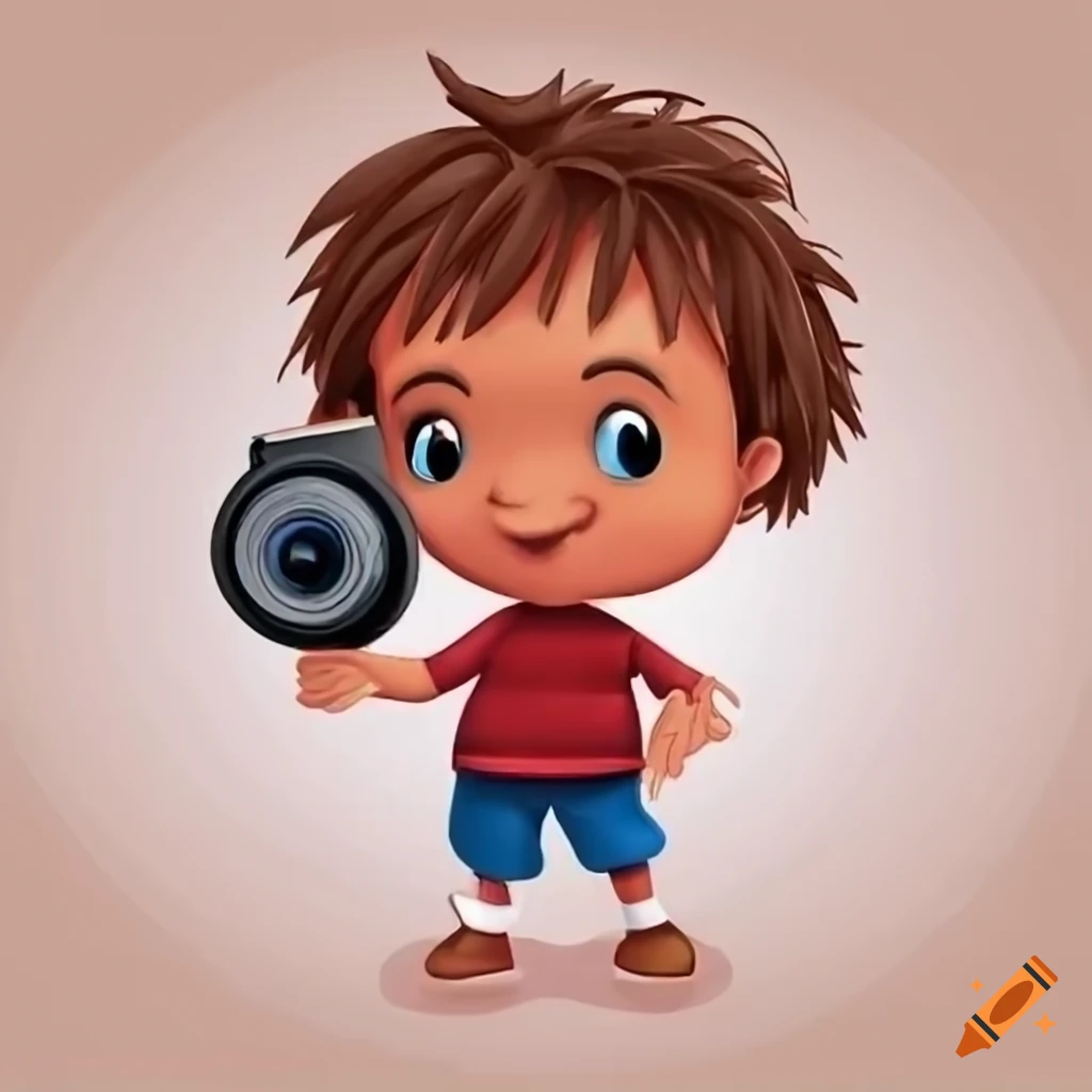 Brown cartoon child with news camera