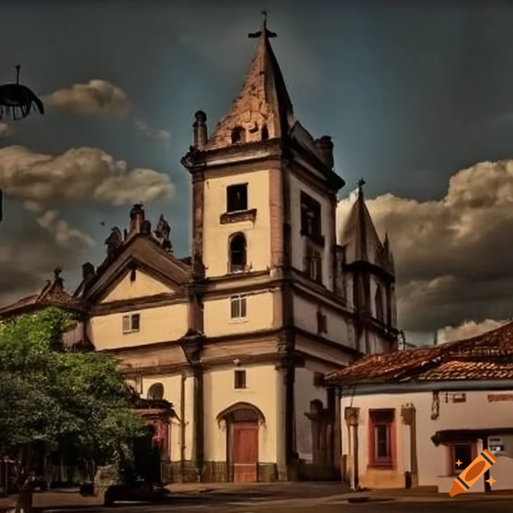 Realistic cityscape of Mariana, Minas Gerais, Brazil showcasing its tourist attractions and legends