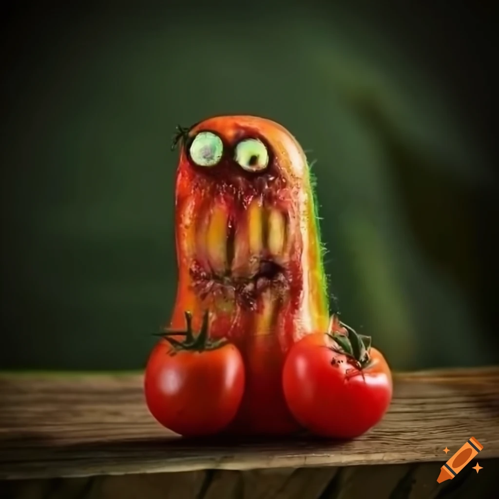 Closeup portrait of the rotten tomato fruit monster on Craiyon