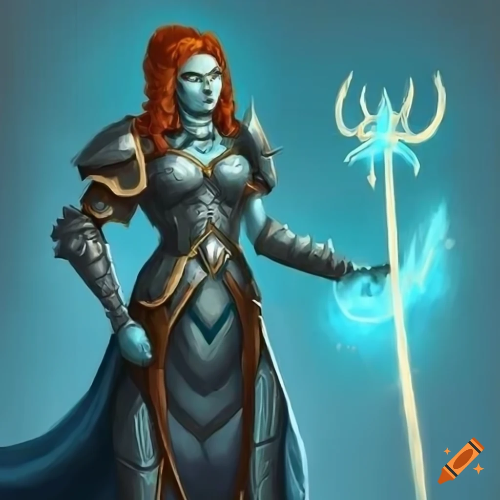 Dnd Woman Triton Paladin With Ginger Wavy Hair And Blue Skin Holding A Trident On Craiyon