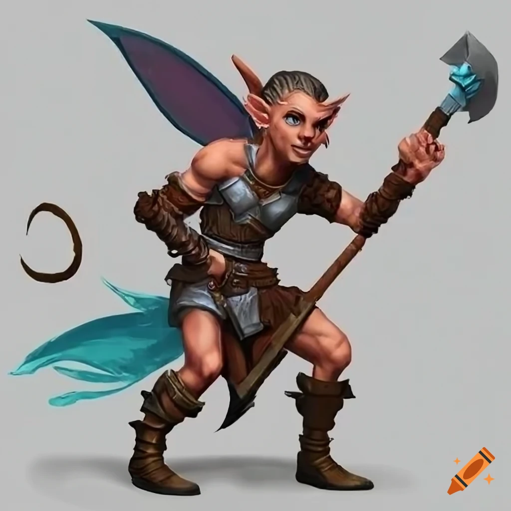Pixie fairy male barbarian wielding a battleaxe in a dnd setting on craiyon