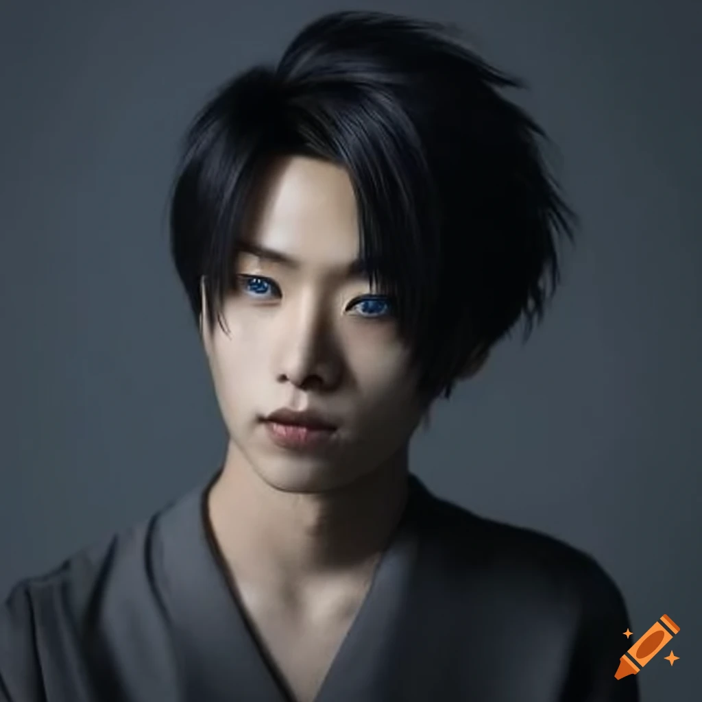 Artistic depiction of a dashing japanese male with black hair and blue ...
