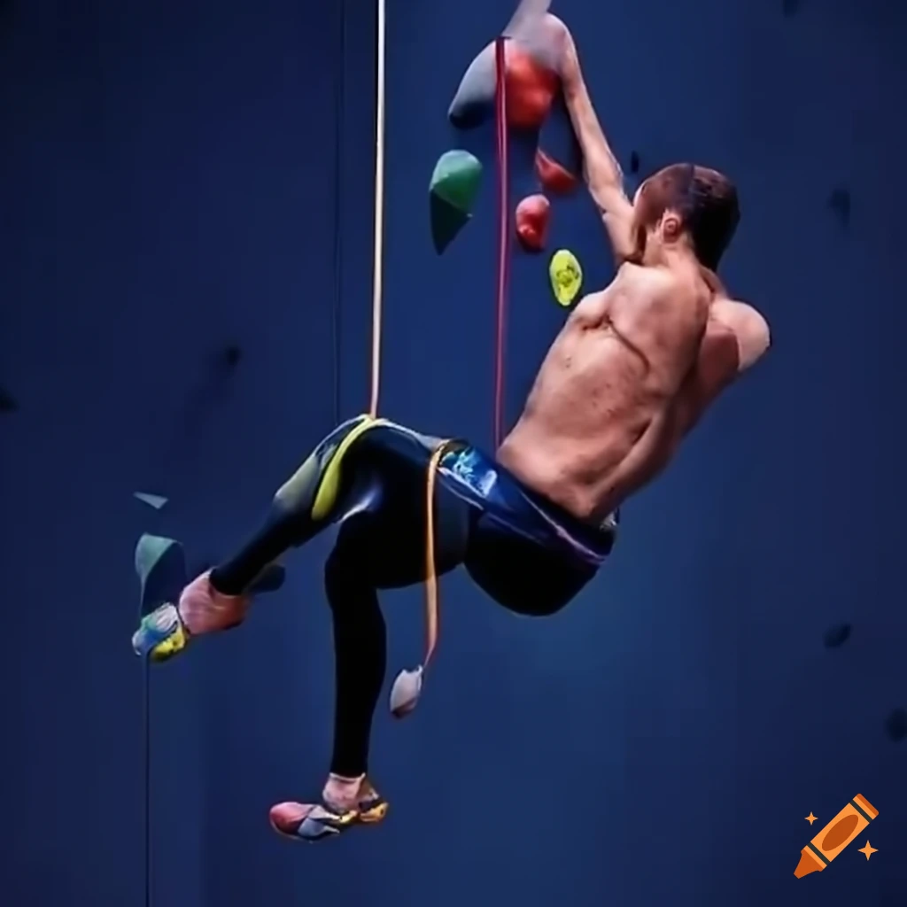 Indoor climber in navy t-shirt facing away with oversized shoes