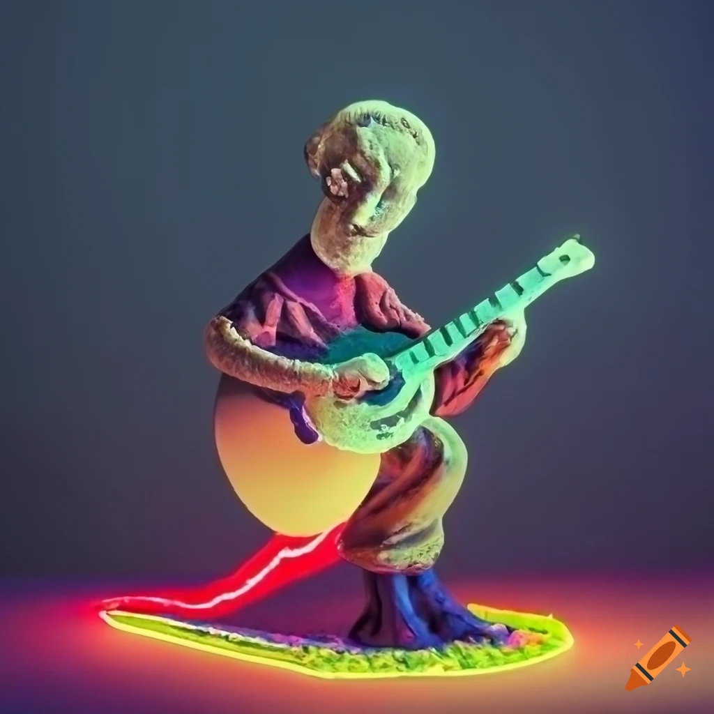 Claymation art of an old man playing guitar with colorful neon light trails