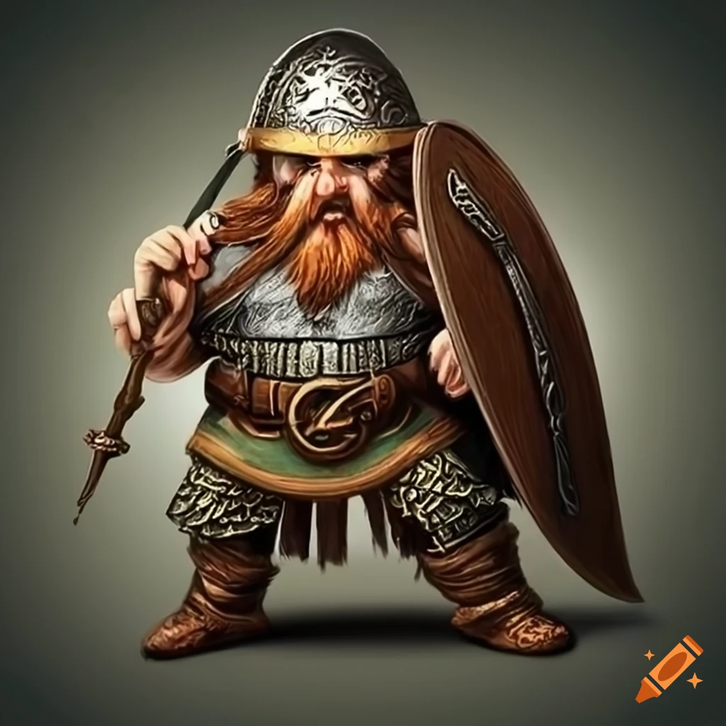 Fantasy dwarf in Scottish Celtic attire with a Viking helmet