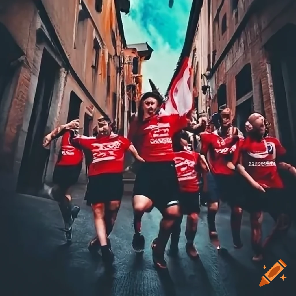 Football fans in Italy streets wearing black shirts signed "Athletic" with red details on shirts and flags