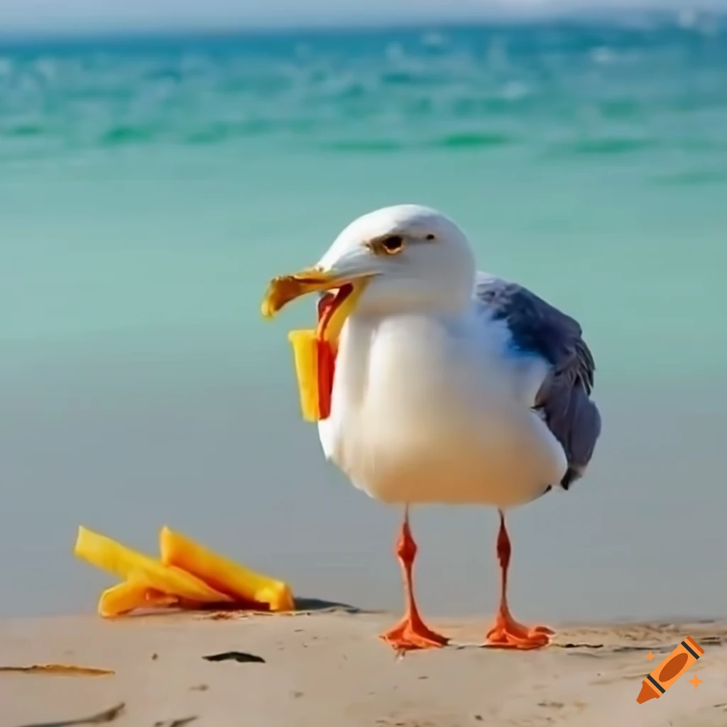 Seagull Eating French Fries On The Beach On Craiyon