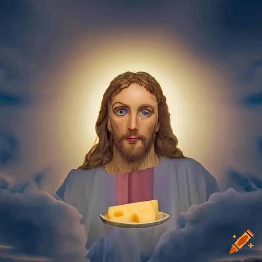 Jesus looking at a plate of cheese in the sky on Craiyon