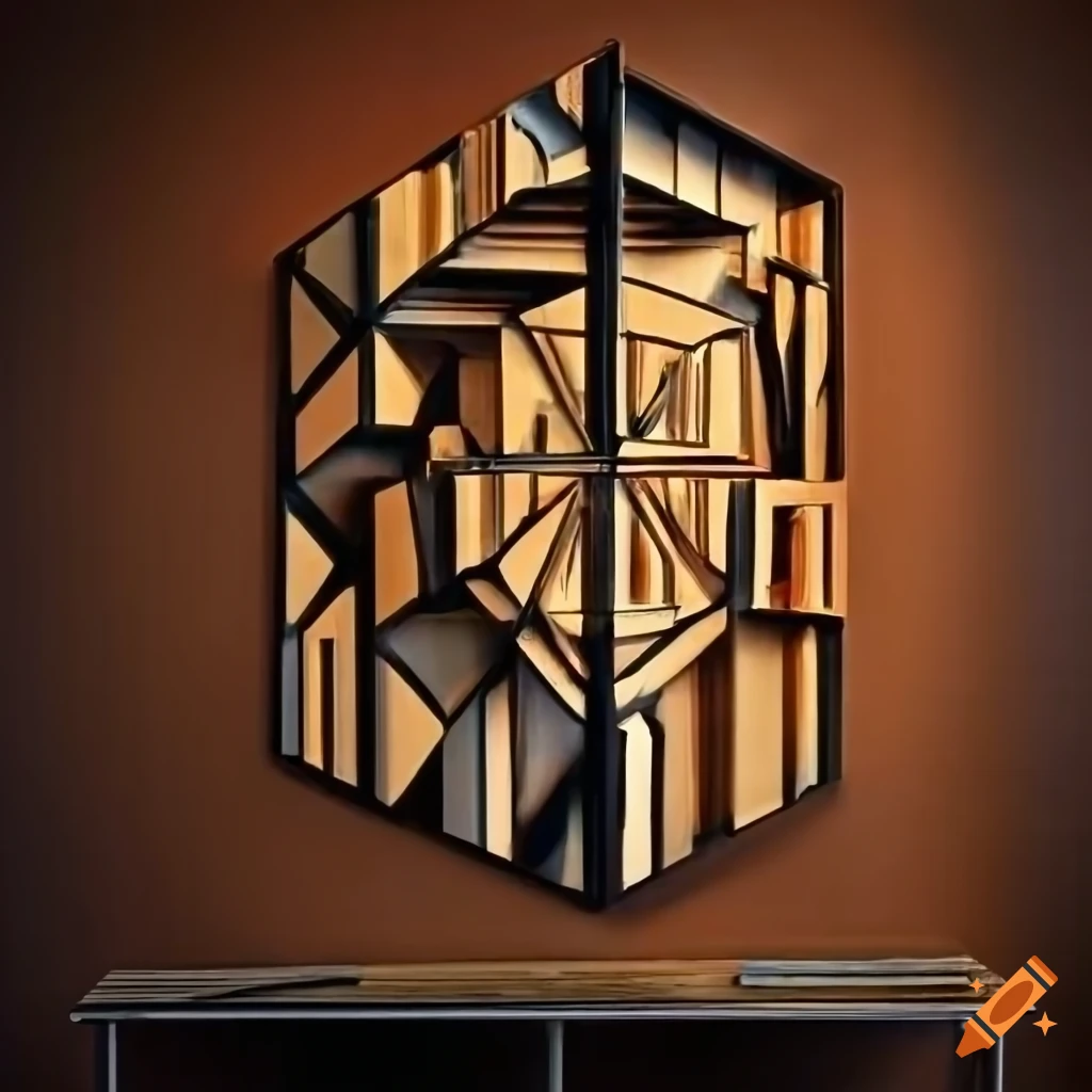 Intricate cubism wall art created with a laser cutter on Craiyon