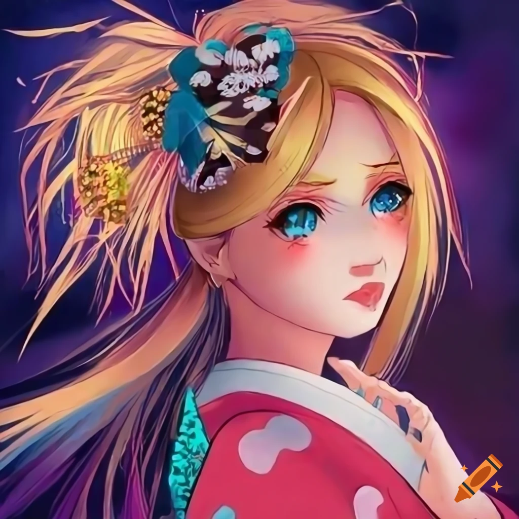 Anime-style cute kimono woman with blond hair and Japanese temple in vibrant colors