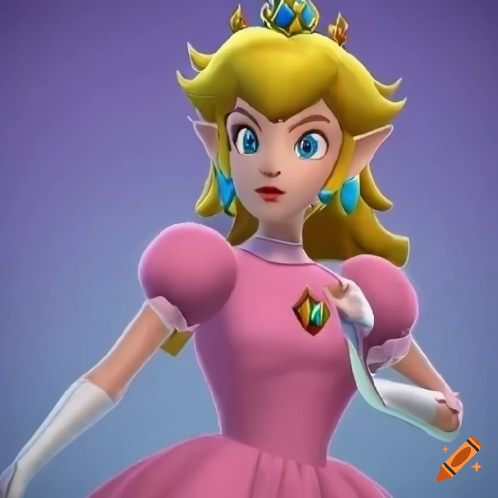 Link wearing princess peach's pink ballgown and red high heels, video