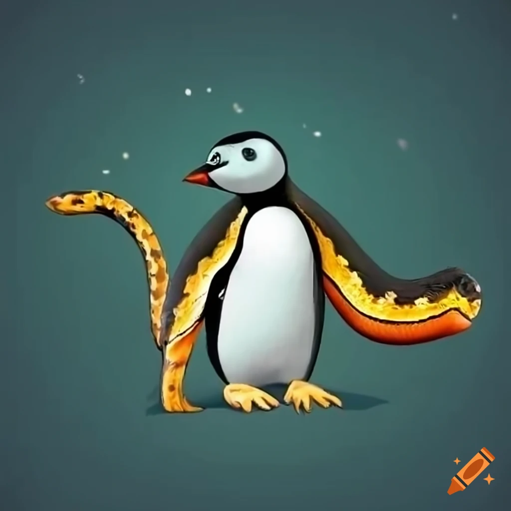 Cuddly penguin meeting a friendly python snake on Craiyon