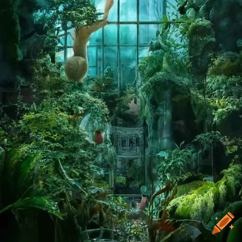 Surreal greenhouse with various plants