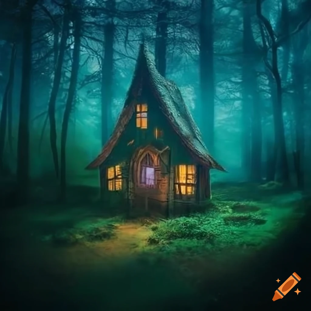 Small imaginative settlement in a bright enchanted magical forest on ...