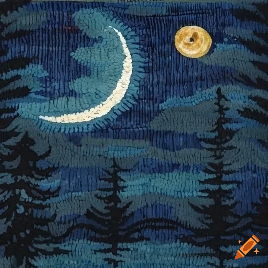 Night sky with dark pines and half moon in hooked rug style