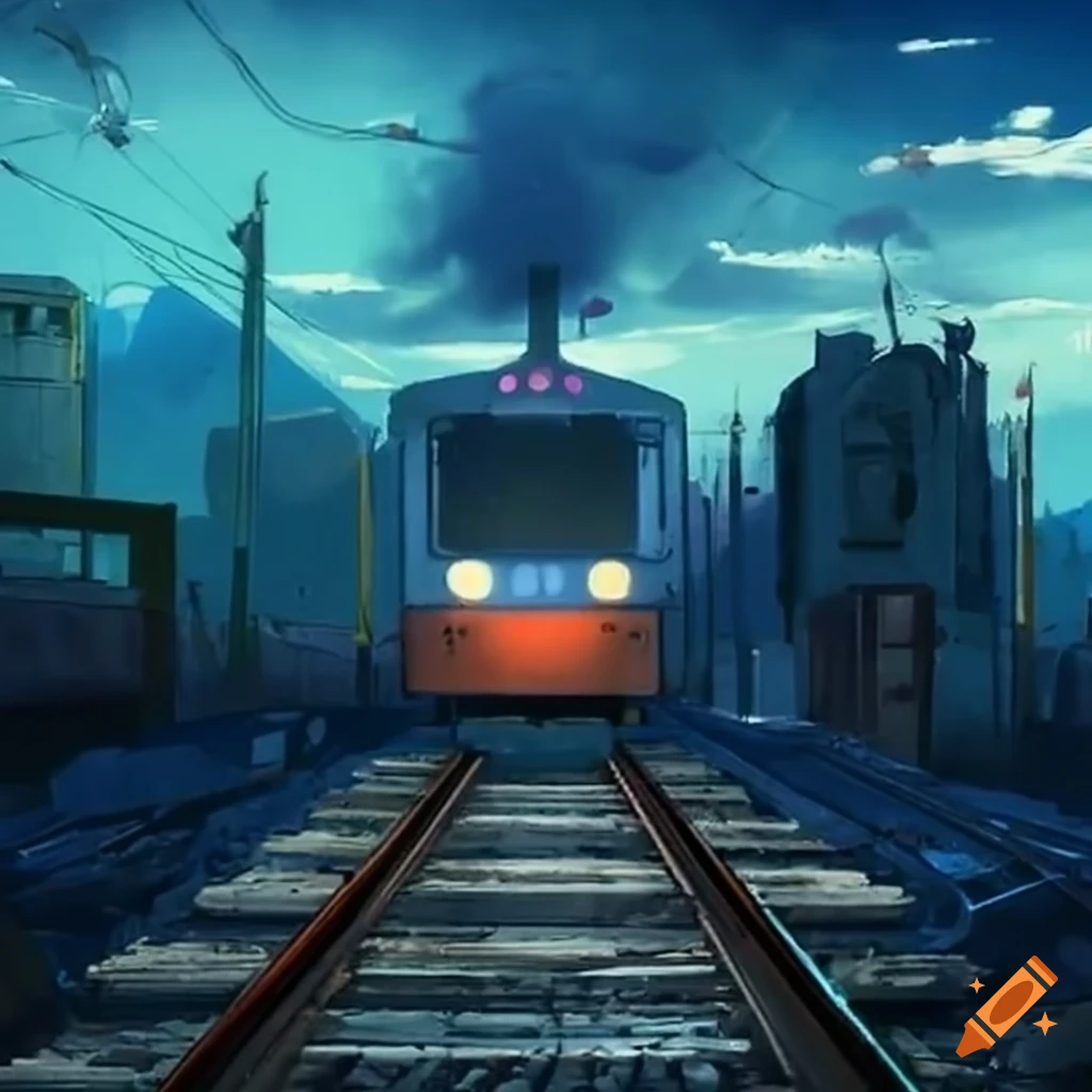 Train on track with junkyard alongside on Craiyon