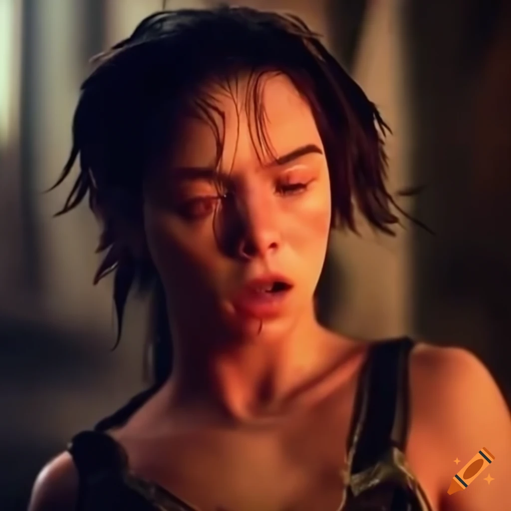 Dizzy female fighter spinning with closed eyes and raised eyebrows on