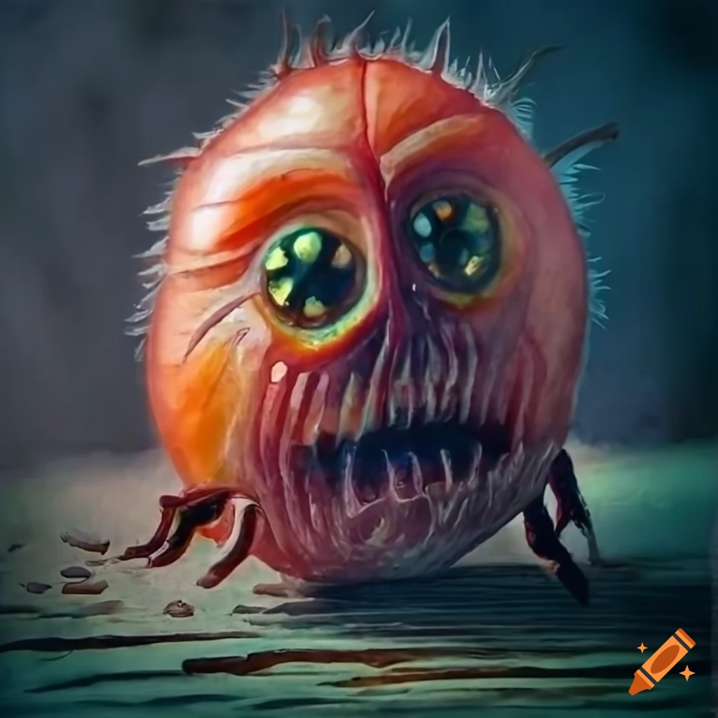 Closeup portrait of the rotten tomato fruit monster on Craiyon