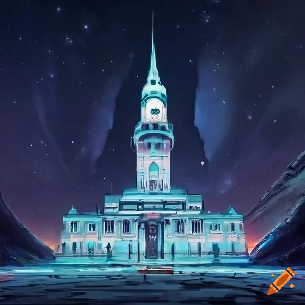 Sci-fi town hall building in a space landscape