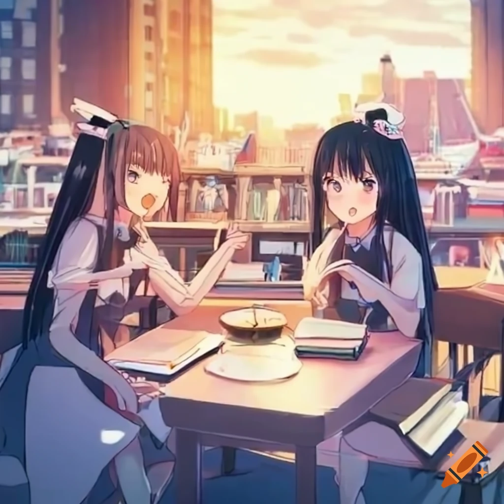 Cheerful anime girls studying science in a crowded tearoom overlooking the harbor