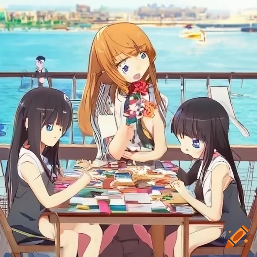 Cheerful anime girls studying science in a crowded tearoom overlooking the harbor