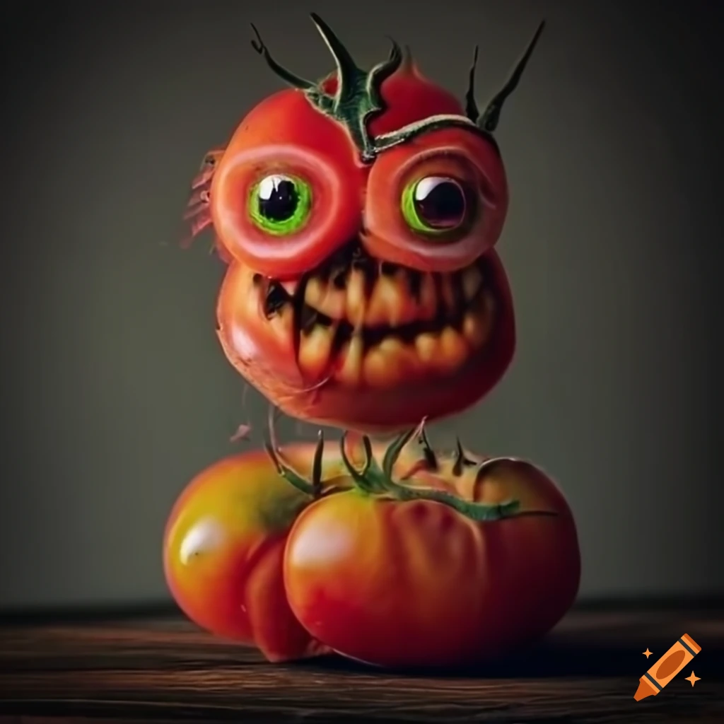Closeup portrait of the rotten tomato fruit monster in an ultra