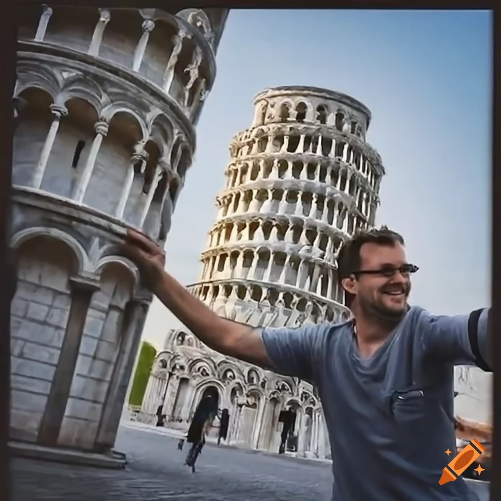 Tourist taking selfie in front of the leaning tower of Pisa