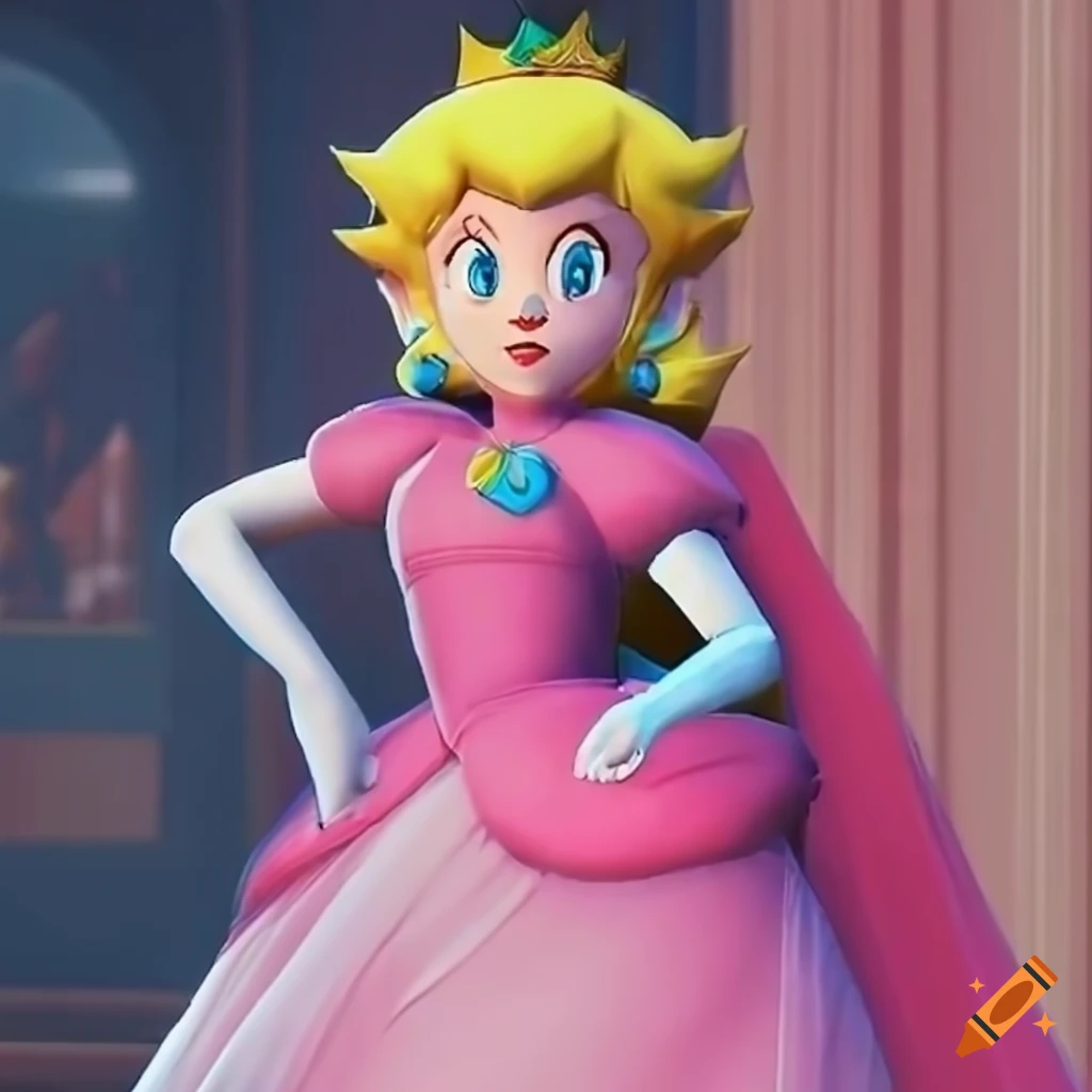 Link wearing princess peach's pink ballgown and high heels on Craiyon