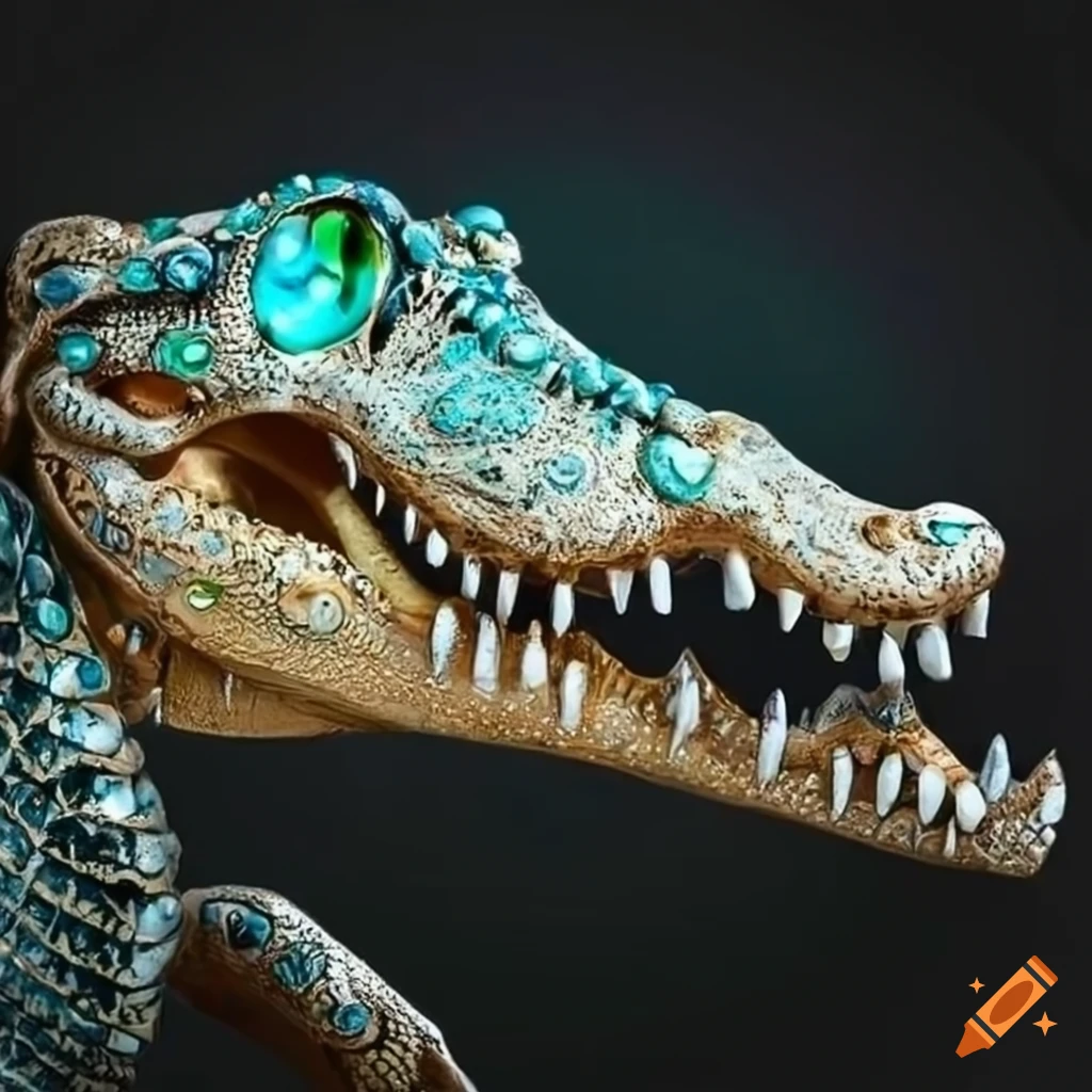 Intricately decorated crocodile skull with precious jewels