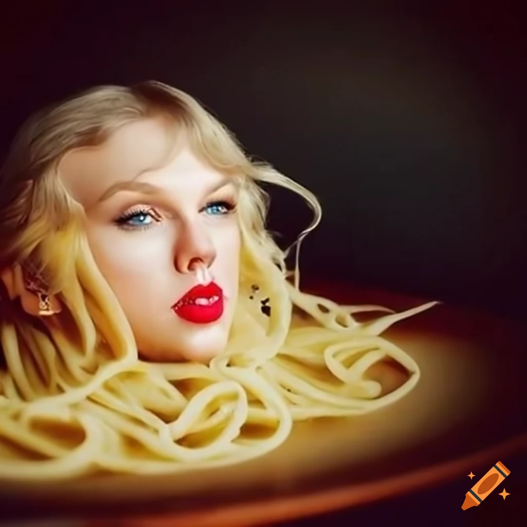 Taylor swift's head on a bed of pasta on a white plate, foodie pic on