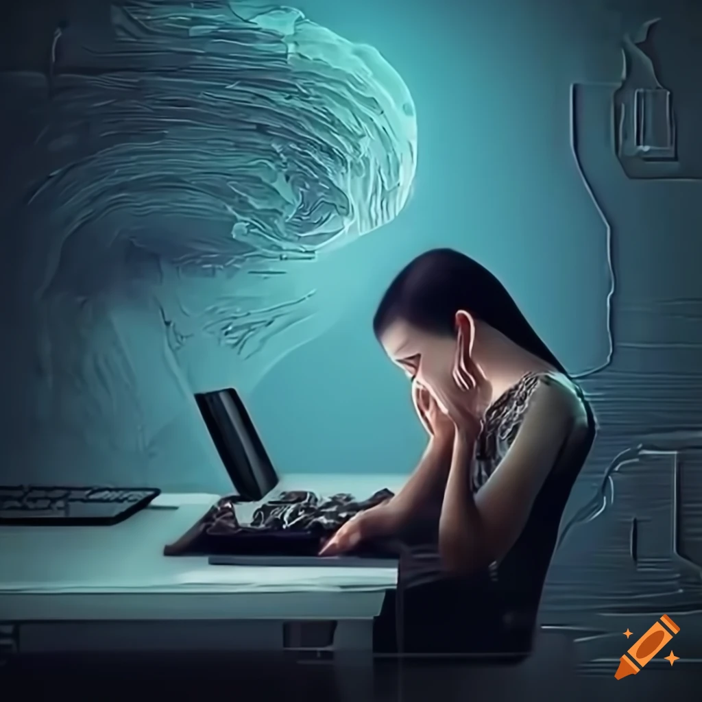 Stressed person typing at desk with swirling AI-generated text