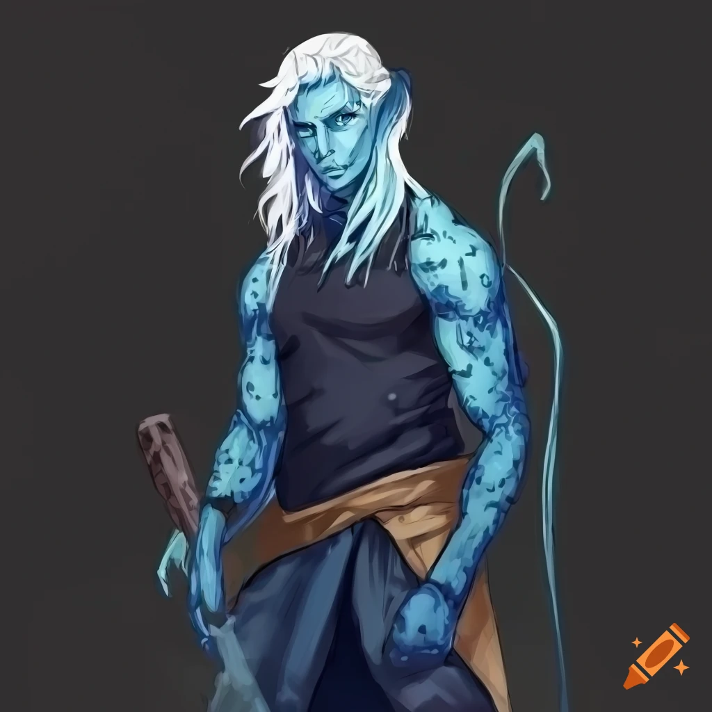 Water genasi druid with rough features in a black hoodie on Craiyon