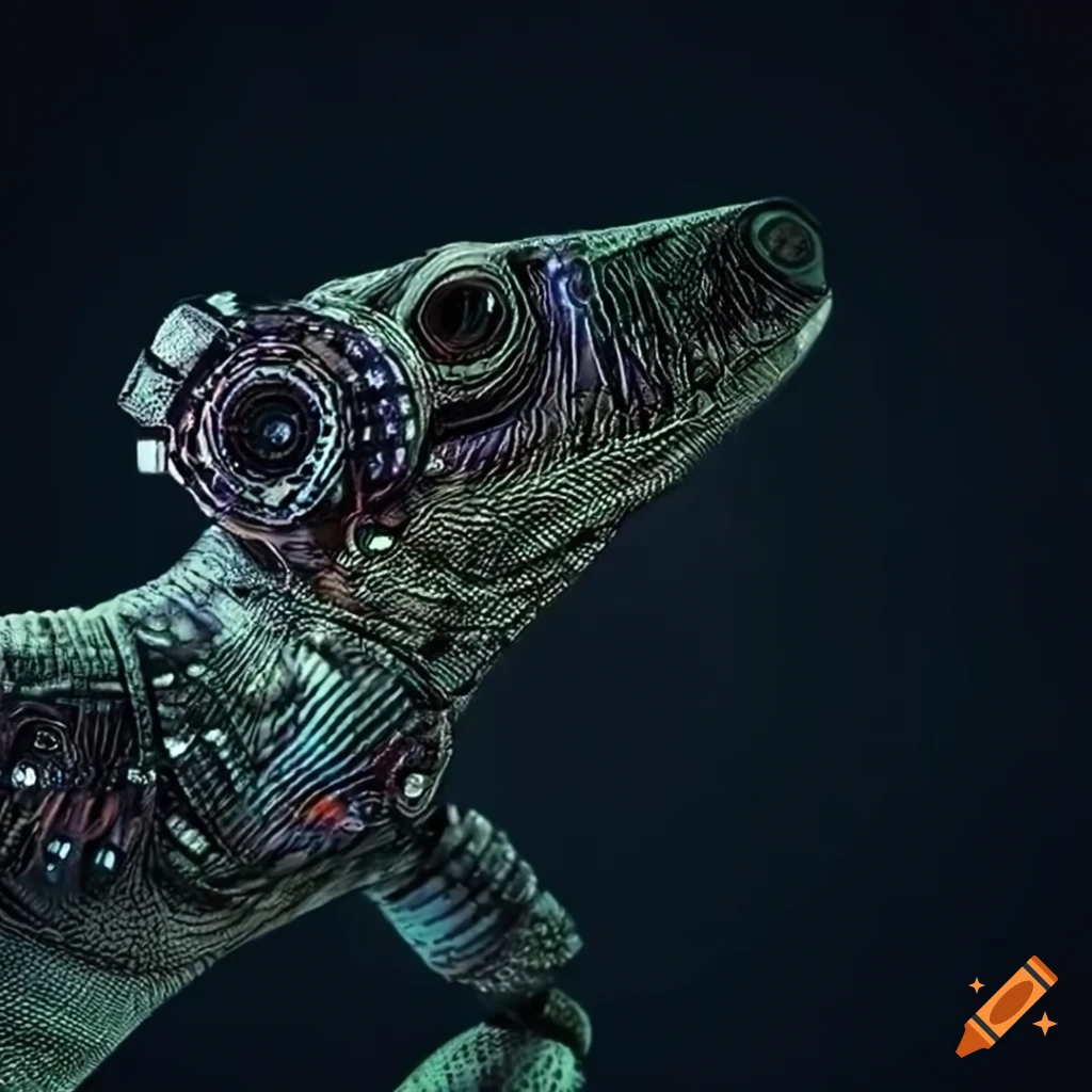 Futuristic lizard with electronic patterns and robotic parts