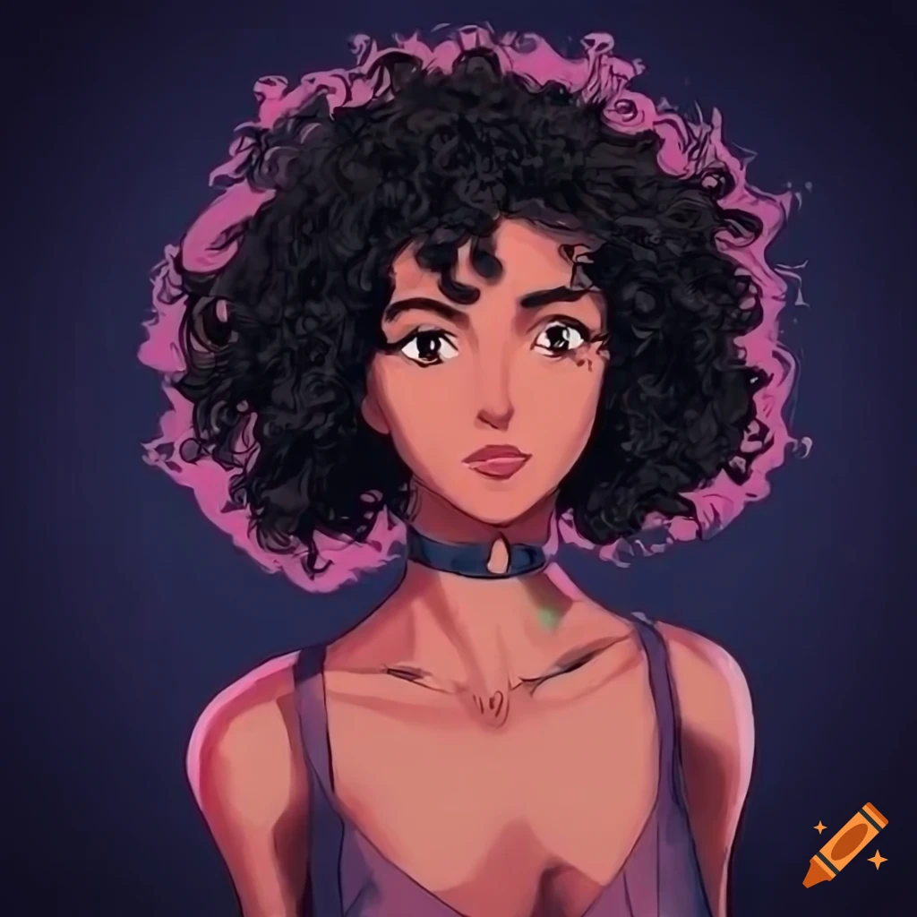 Young woman with curly black hair in Cowboy Bebop style