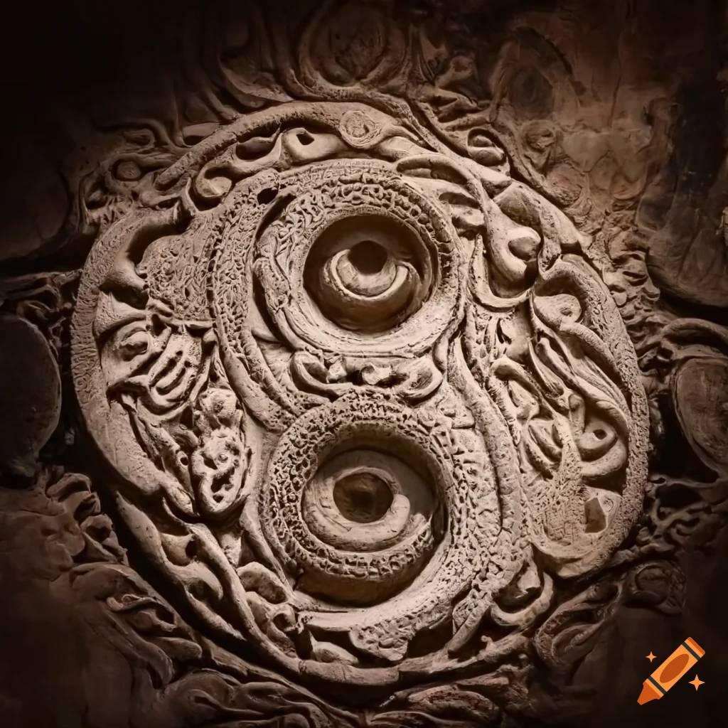 Detailed stone carving of yin and yang in Buddhism style