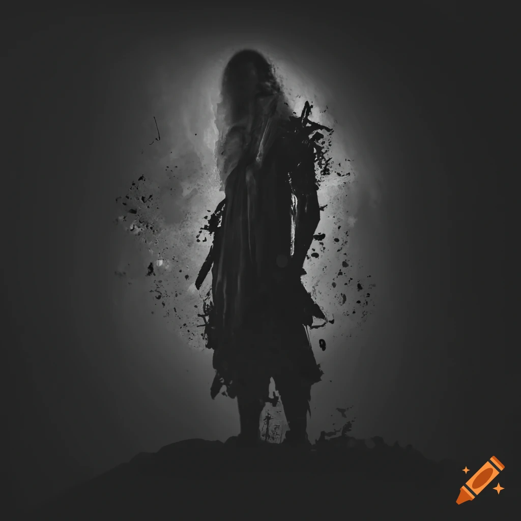 Gritty book cover with a battleworn male warrior and broken chains in black and white on Craiyon