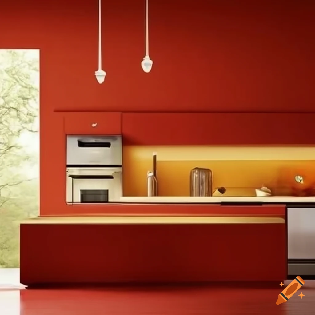 Minimalist kitchen design with natural materials in red and yellow ...