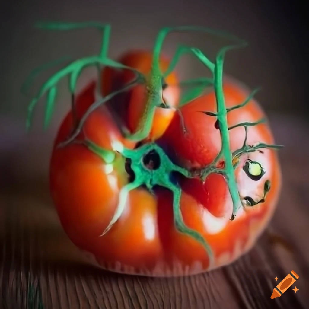 Closeup portrait of the rotten tomato fruit monster on Craiyon