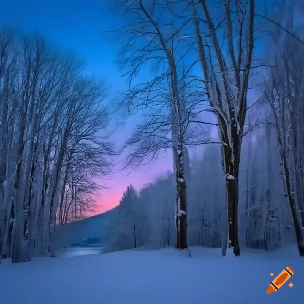 Winter dusk with icicles hanging from trees and snow-covered hills on ...