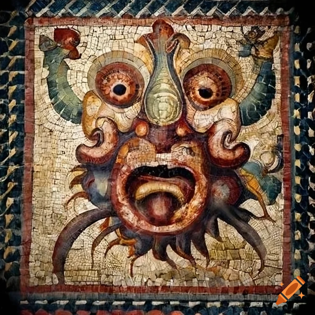 Ancient Roman fresco with surreal leviathans and harpys