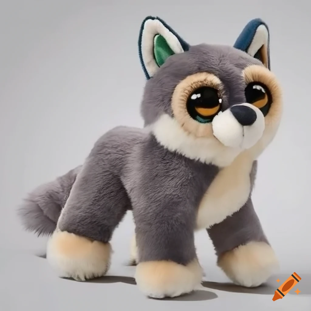 Cute big fluffy wolf plush toy with big eyes on Craiyon