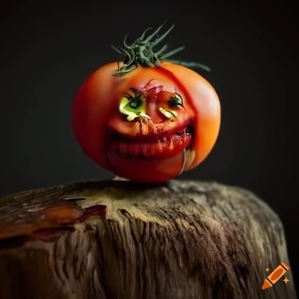 Closeup portrait of the rotten tomato fruit monster in an ultra