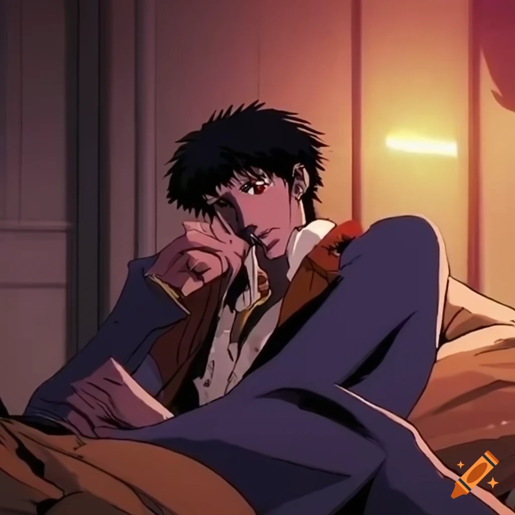 Spike spiegel from cowboy bebop dozing off in bed on Craiyon