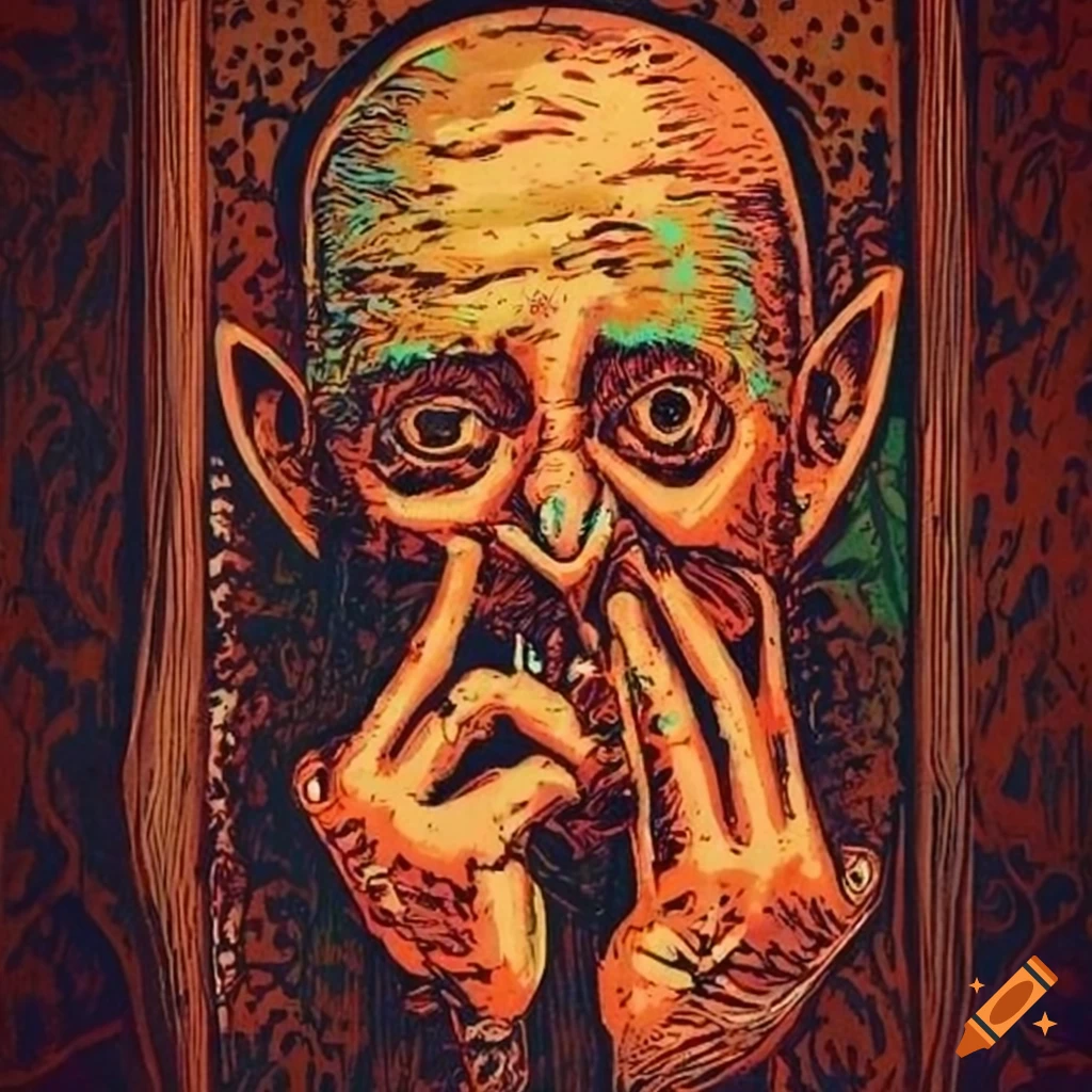 Disheveled man looking in bathroom mirror and seeing the devil in wood cut etching
