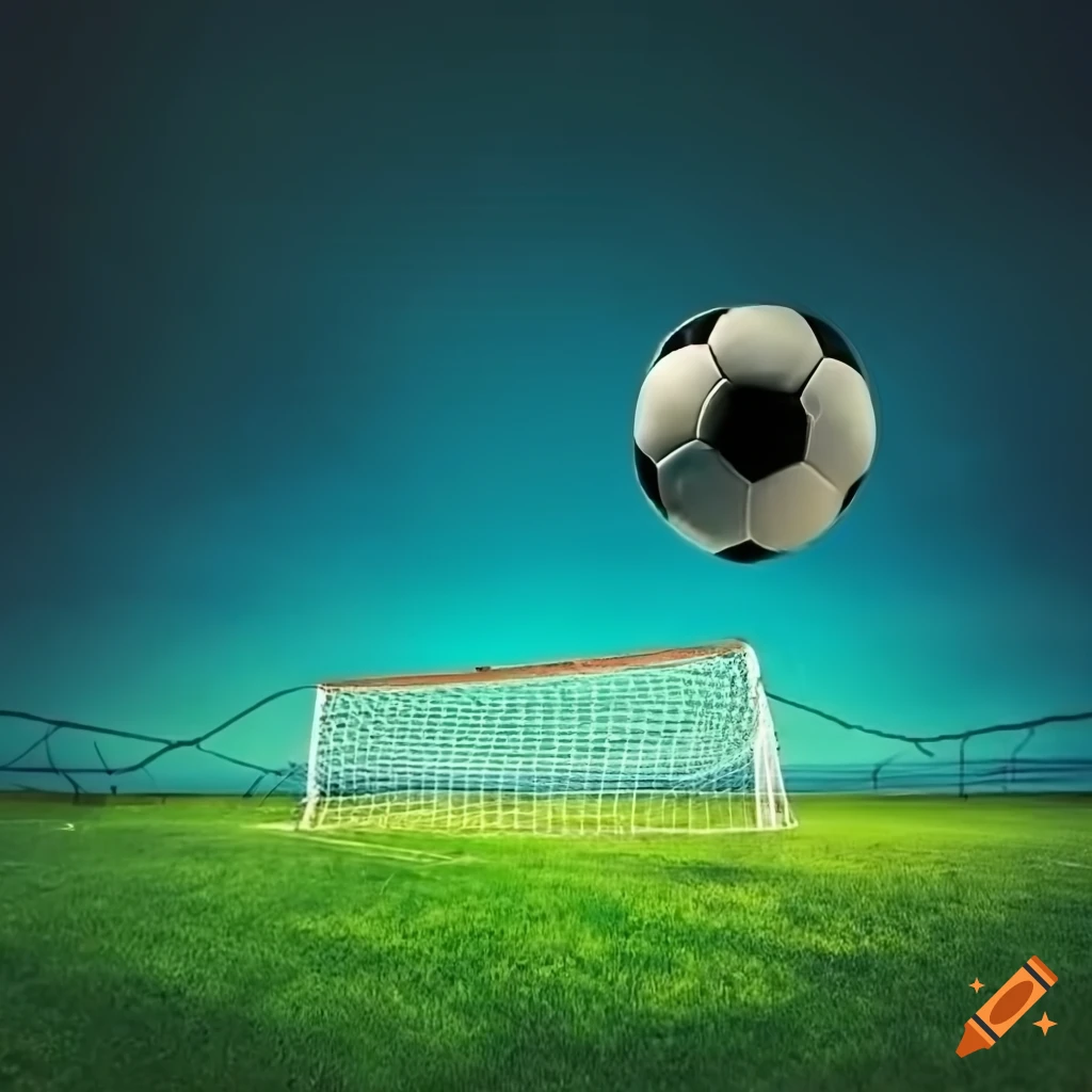 Football flying towards a soccer goal on a green field under a vivid
