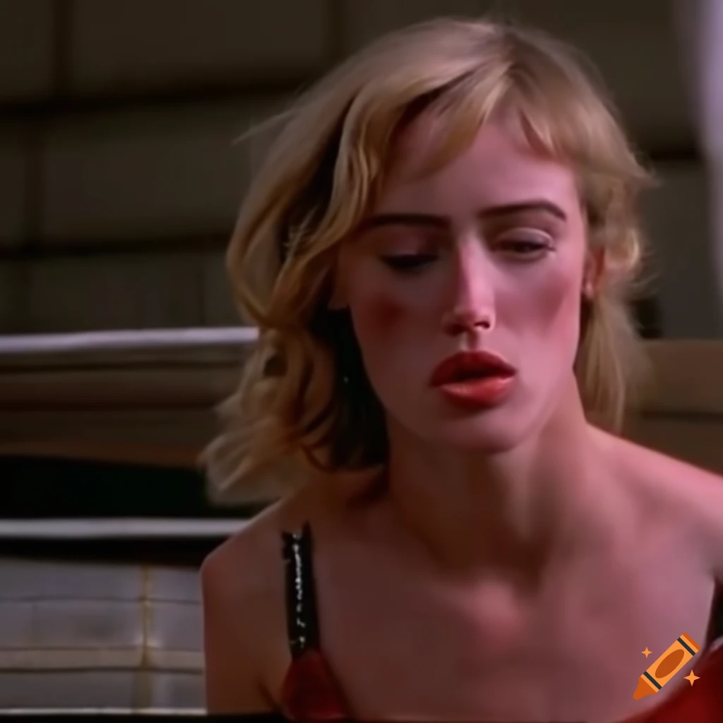 Bruised female fighter from an 80s movie scene standing dizzy with closed eyes and raised eyebrows