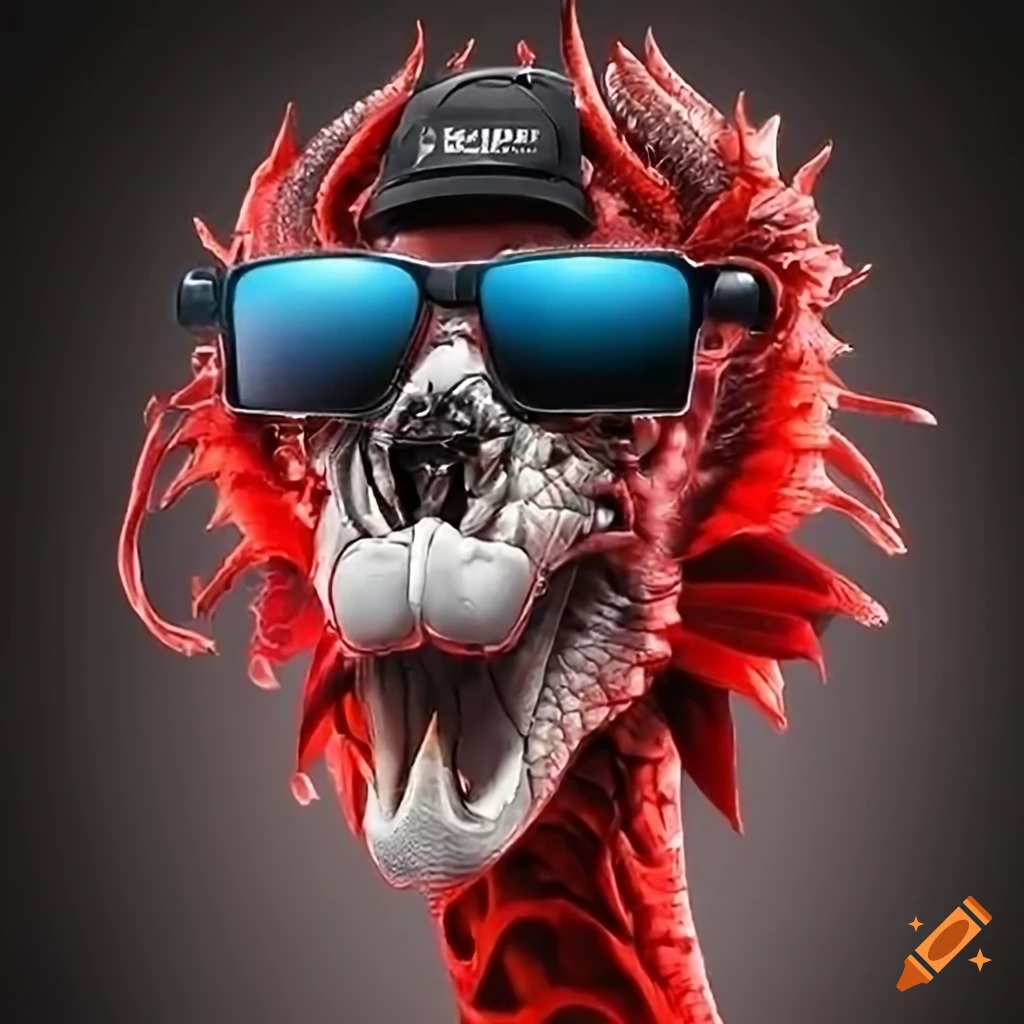 Musky red black dragon lifting dumbbells with sunglasses, cap, and headphones