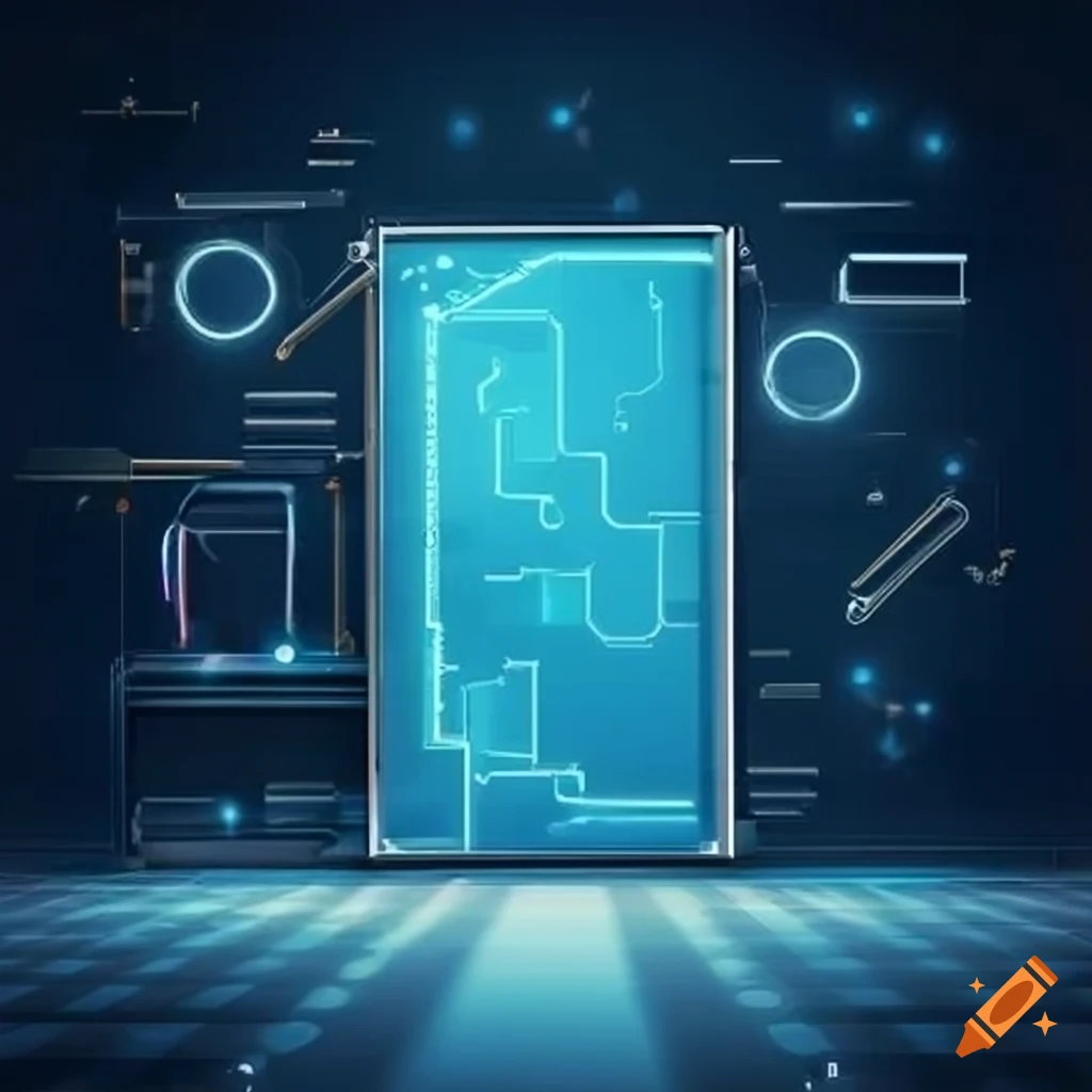 Vertical banner with technology background including computers, robotics, drafting tools, and carpentry tools