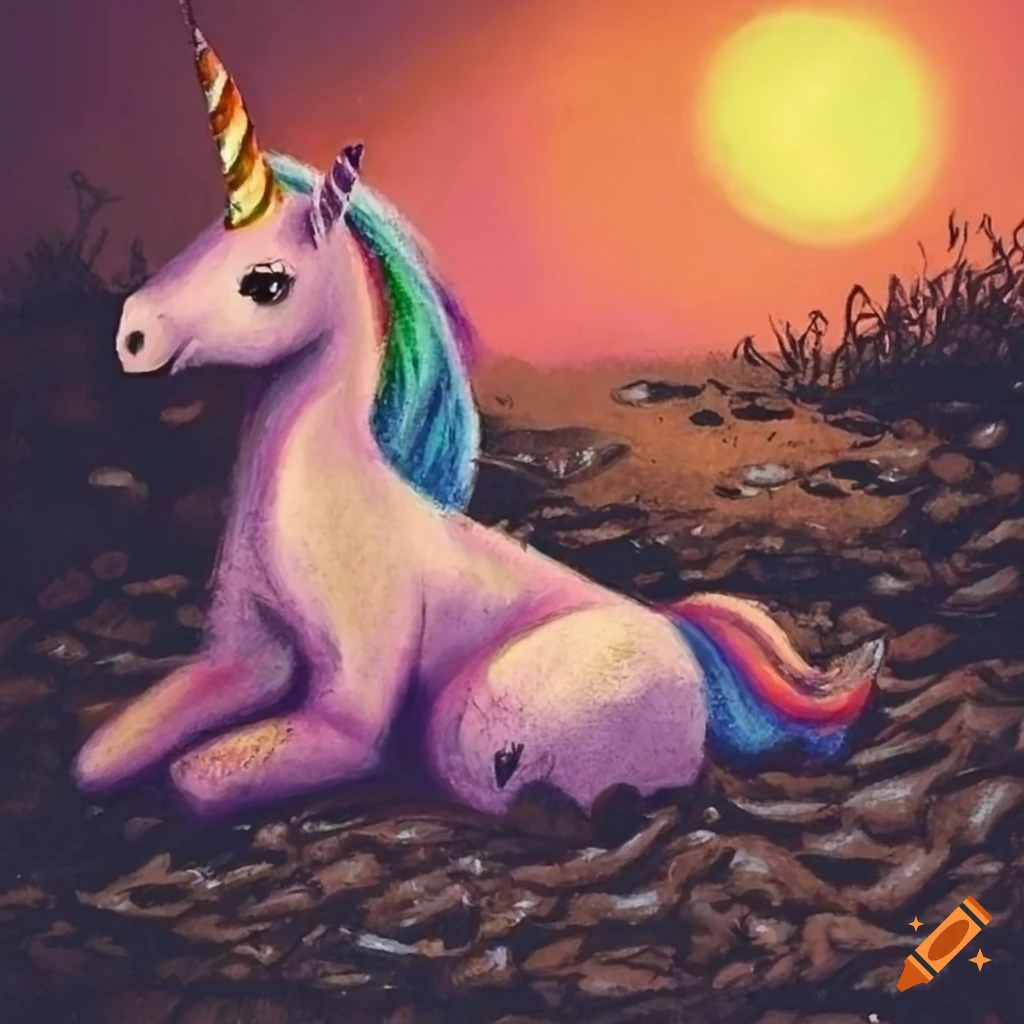 Young unicorn sunk in mud in a pastel drawing