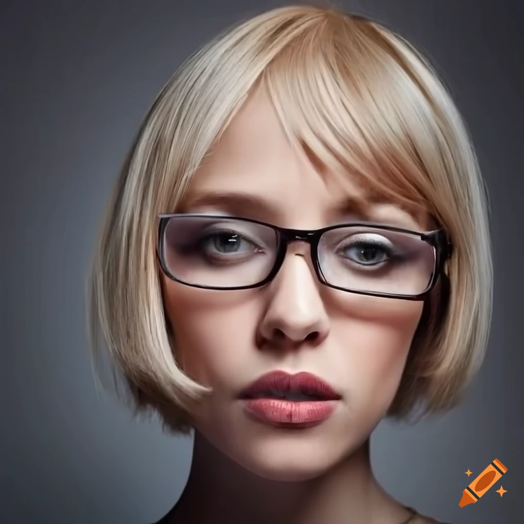 Portrait of a beautiful woman with blonde bob haircut and glasses